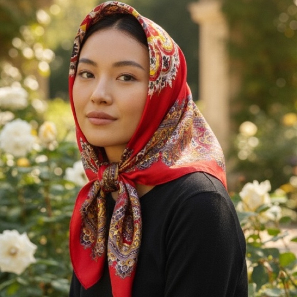VTG 60s Queen Pearl by Yamashita Brand Acetate Silky Scarf Headscarf Paisley Red - Picture 2 of 14